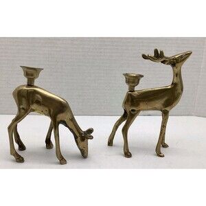 Set 2 Vintage Brass Reindeer Candle Sticks Holders Buck Doe